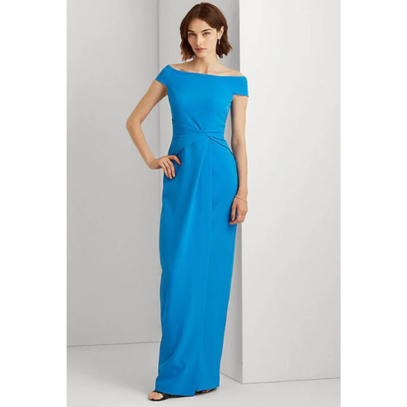 LAUREN RALPH LAUREN Off Shoulder Column Gown 12 Royal Blue Stretch Crepe NWT - Picture 1 of 16